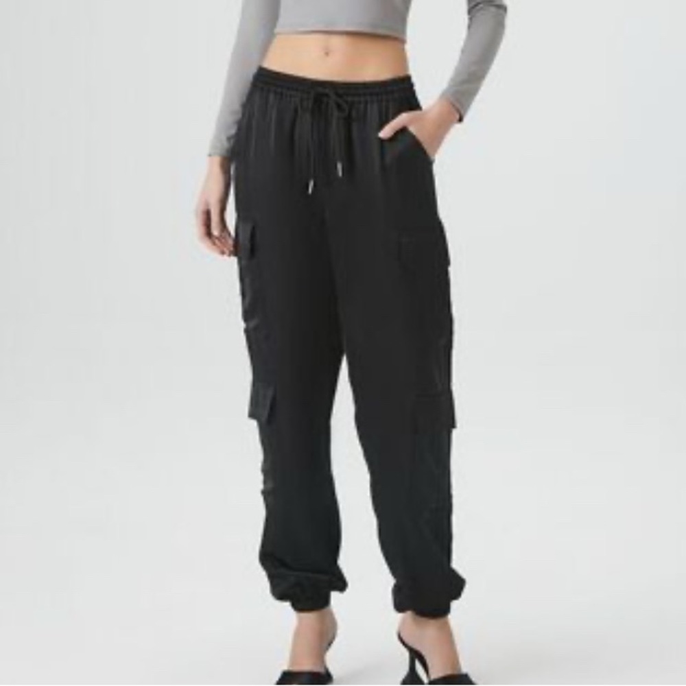 Women's Satin Black Cargo Pants